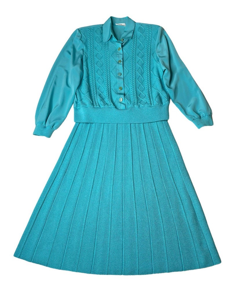 Vintage Philippe Marques 2-Piece Turquoise Blue Sweater Pleated Skirt Set Sz 12P